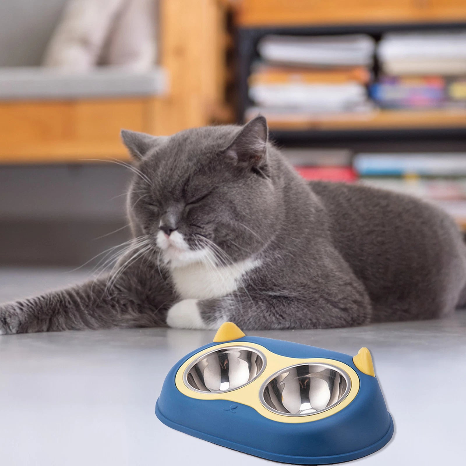 Pet Stainless Steel Feeder Elevated Cat Bowl Food & Water Bowl Tilted Drip Proof